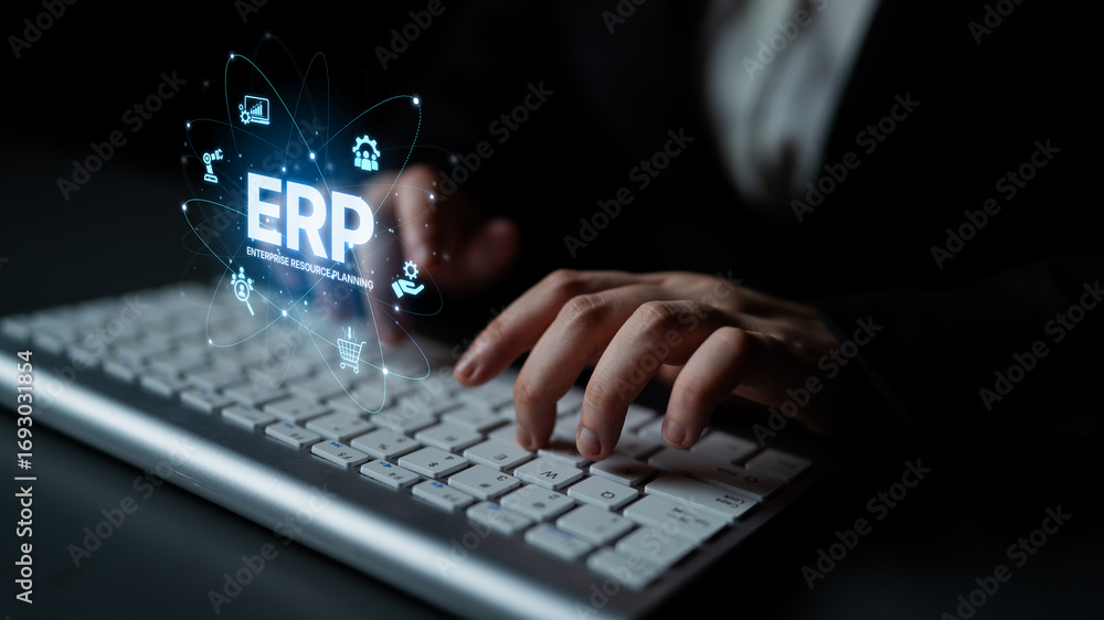 Aufkleber erp platform visual showing centralized system for enterprise resource planning, improving integrati