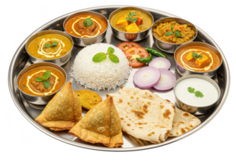 Delicious indian thali meal with rice dal curry roti and samosa assortment