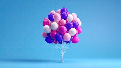 A cluster of vibrant pink, purple, and white balloons, tied together, against a solid sky blue backdrop.