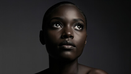 A woman gazes upwards with a contemplative expression, illuminated by soft light that highlights her radiant skin and graceful features in a studio setting