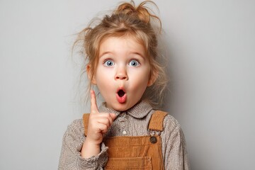 Portrait of cute child girl showing idea gesture against neutral grey wall. Playful and expressive mood suitable for school materials, posters and lifestyle campaigns