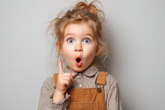 Portrait of cute child girl showing idea gesture against neutral grey wall. Playful and expressive mood suitable for school materials, posters and lifestyle campaigns