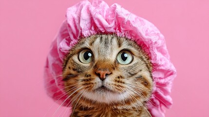 Funny fluffy kitten design with shower cap on pink background, suitable for posters, calendars and lighthearted digital marketing campaigns