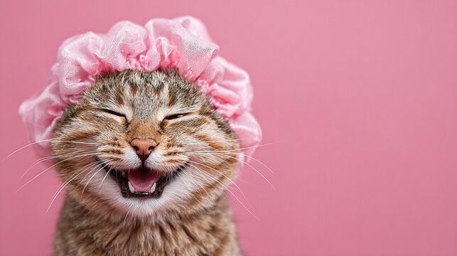 Cute fluffy tabby cat wearing pink shower cap on pink background with copy space, perfect for playful greeting cards, social media posts and humorous merchandise