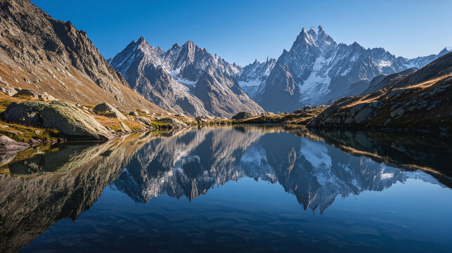 Magical mountain peaks reflected in a serene mountain lake under a blue sky
