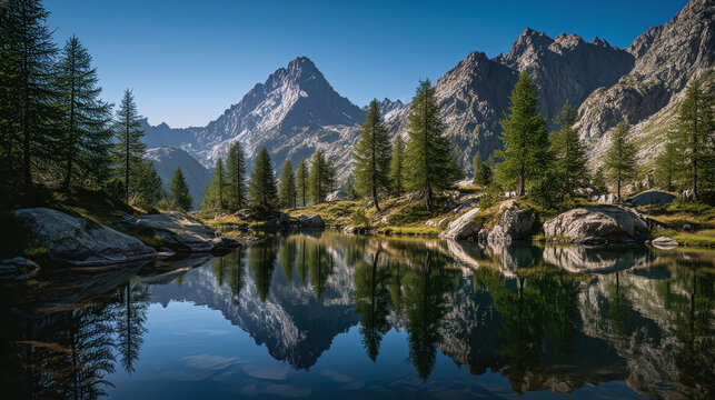 Magical mountain peaks reflected in a serene mountain lake under a blue sky