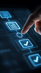 Finger touching a glowing blue digital document icon within a checklist on a dark futuristic screen