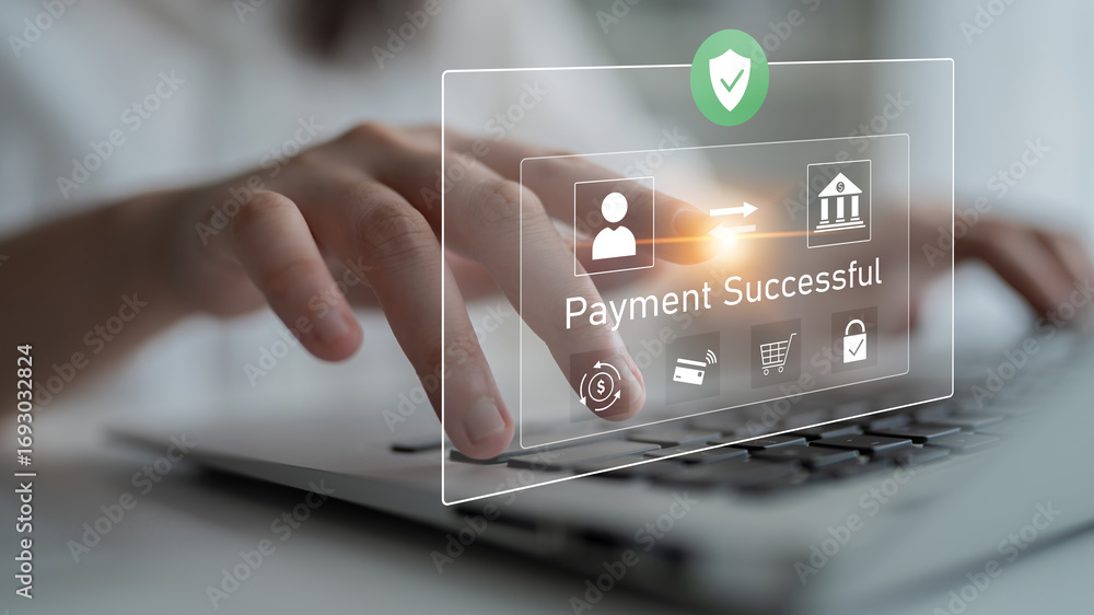 Poster successful transaction message showing secure payment. payment confirmed, secured, payment processed