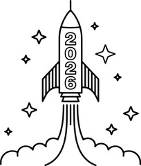 Retro rocket launching into space with stars and smoke trails iconic design