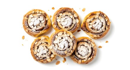 Fototapeta premium A close-up of seven freshly baked cinnamon rolls topped with powdered sugar and sprinkled with almond flakes, arranged on a white background, showcasing a warm, delicious, and inviting treat.