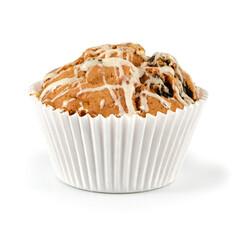 Homemade cupcake with thick cream frosting and crunchy nut sprinkles. A cosy sweet dessert in simple white paper cups, isolated on a white background for photographing baked goods and food.