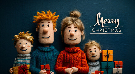 Four felted figures of a family stand together, joyfully holding colorful gifts. They wear cozy sweaters. The backdrop features a festive message, enhancing the holiday atmosphere