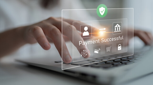 Successful transaction message showing secure payment. Payment confirmed, secured, payment processed, and payment completed with trust and transaction integrity. Latch