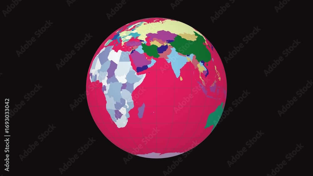 Poster Rotating globe. Normal sphere view. Moderate speed earth rotation. Colored countries style. World map with sparse graticule lines on Dark background. Sublime animation.