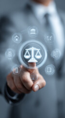 Finger touching digital screen with law icons and scales of justice graphic design
