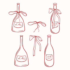 Red line bottles with bows, vector art