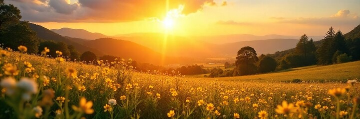 Golden hour sunlight bathes a vibrant landscape in warm, summery hues Perfect for travel, vacation, and summer-themed projects Enjoy the idyllic scene , happiness, sunlight, light