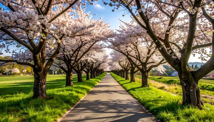 Fototapeta premium Blossoming Cherry Trees Line a Pathway