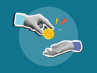 The hand places the golden coin in another hand. Modern photo collage style. Vector illustration