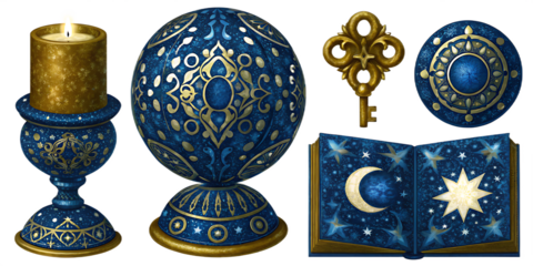 mystical blue and gold element set isolated on white background, png, ai generated.