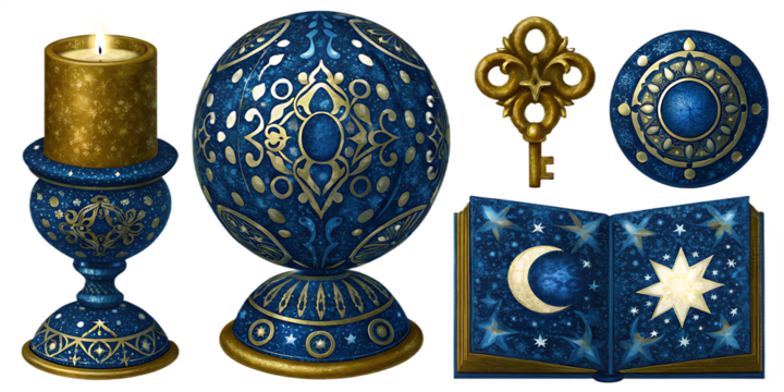 mystical blue and gold element set isolated on white background, png, ai generated. - Powered by Adobe