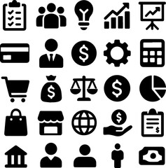 Black business and finance icons set including money, chart, growth, wallet, shopping, balance, communication, teamwork, and office symbols. Ideal for corporate and digital use.