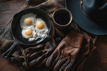 Rustic Breakfast Still Life with Eggs, Coffee, Gloves and Hat