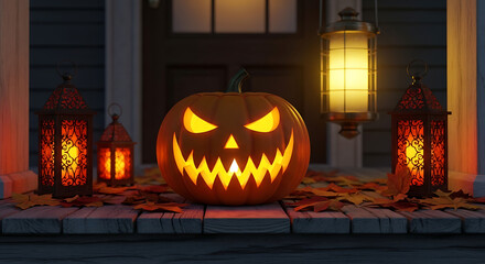 Illuminated jack-o'-lantern on porch with lanterns and fall leaves