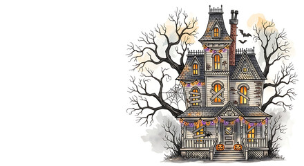 Illustration of a spooky haunted house with pumpkins and bats