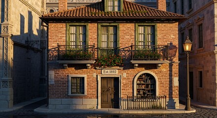 Charming Brick Building Facade with Balconies and Lamp Post.