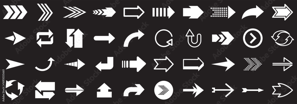 Poster arrows big black icon set. left arrow collection different arrows sign. chalked arrows, check marks.