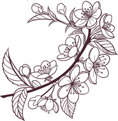 Elegant floral branch with blooming blossoms and leaves, detailed botanical line art drawing perfect for tattoo, decoration, fabric, wallpaper, and natural floral illustration design.