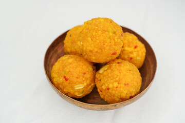 Chaturthi laddu dessert made during Indian festival. It is famous sweet which made in every home during Hindu puja. Diwali sweet, Dussehra, Ganesh Chaturthi, Navaratri, Bengali Indian festivals.