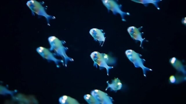 An ethereal school of lanternfish drifts through the pitch-black abyss, forming a glowing constellation of light.