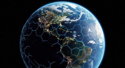 Global Network: Earth with illuminated grid, data connection, and digital transformation concept