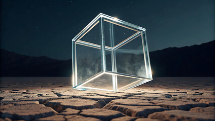 Abstract clear cube on cracked earth landscape at night