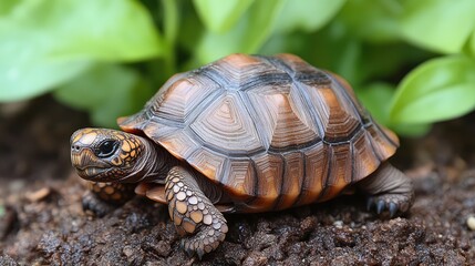Obraz premium Young tortoise on dirt, amidst greenery, outdoor scene