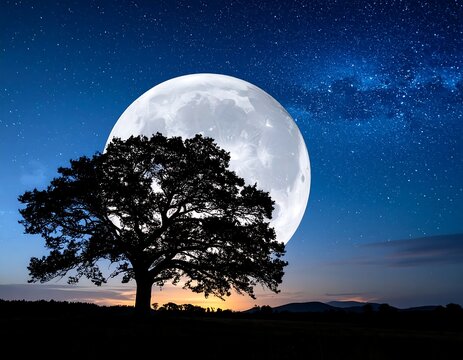 Majestic tree silhouetted against a giant moon and starry night sky - Powered by Adobe