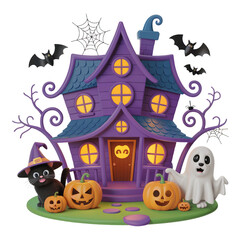 Fototapeta premium Spooky Halloween Night Haunted House Pumpkin Illustration PNG