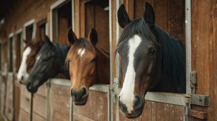 Fototapeta premium Equines in Their Shelter: Rustic Barn Scene Featuring Horses and a Classic Farm Door