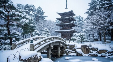 Japanese Pagoda and Bridge in Winter Snowfall