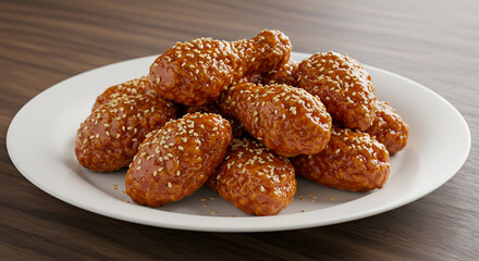 A plate of Korean fried chicken with sesame seeds.