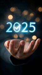 Hand holding the year 2025 with a glowing checkmark and sparkling light particles future new year