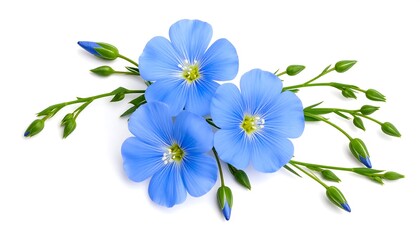 Fototapeta premium Vibrant blue flax flowers arranged on a white background