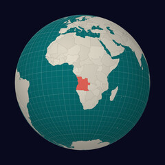 Angola on the map. Globe centered to Angola. Country location on the world map. Teal Pale Mint color palette. Globe with countries, meridians and parallels. Charming vector illustration.
