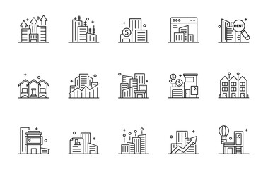 Set of Real Estate and Property icon, Buildings, office buildings and houses, trading Symbol Outline icon Editable Stroke