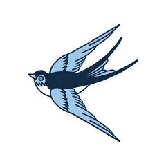 Graceful swallow in flight, depicted with bold lines and soft blue wings, symbolizing freedom and travel