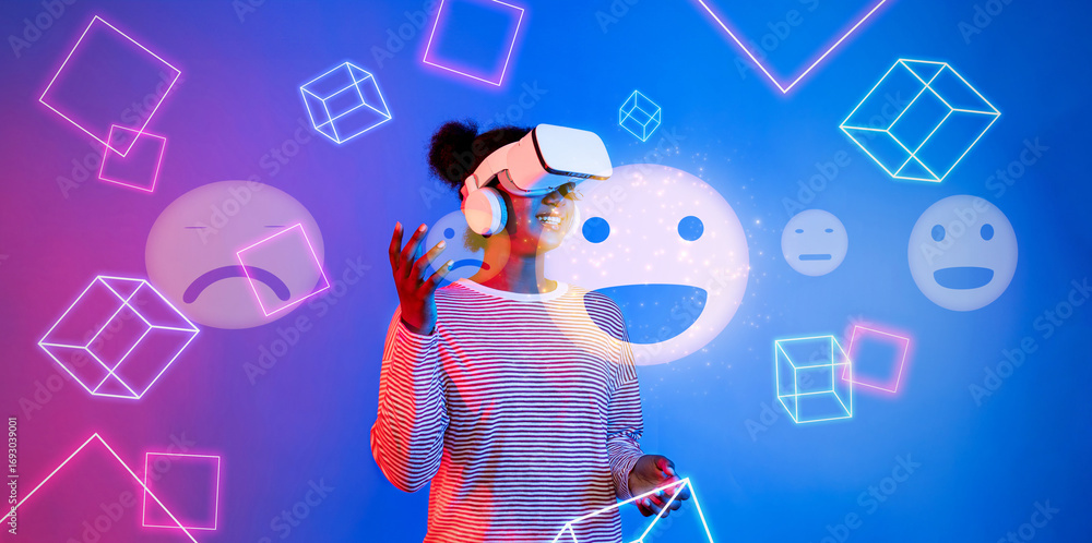 Poster a person interacts with a virtual reality headset, enjoying a captivating experience. the colorful e