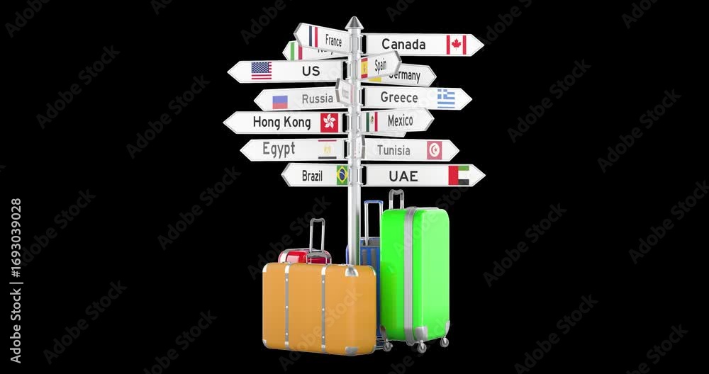 Poster travel signpost with international country signs and luggage, rotation animation seamlessly loopable