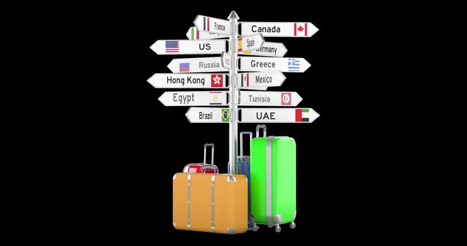 Travel signpost with international country signs and luggage, rotation animation seamlessly loopable. 3D rendering isolated on transparent background